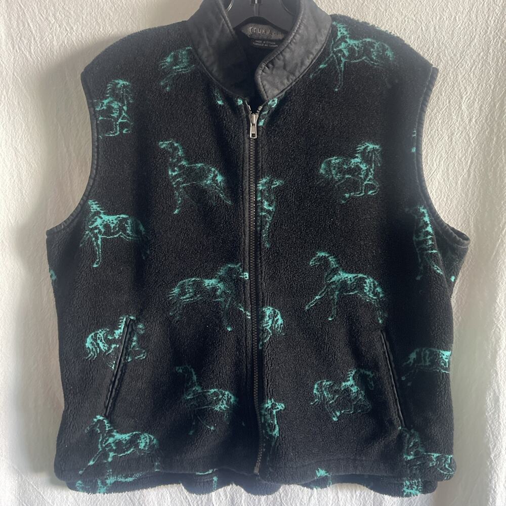 Tsunami Horse Fleece Vest Black and Turquoise Extra Large Zip Up Pockets Canada